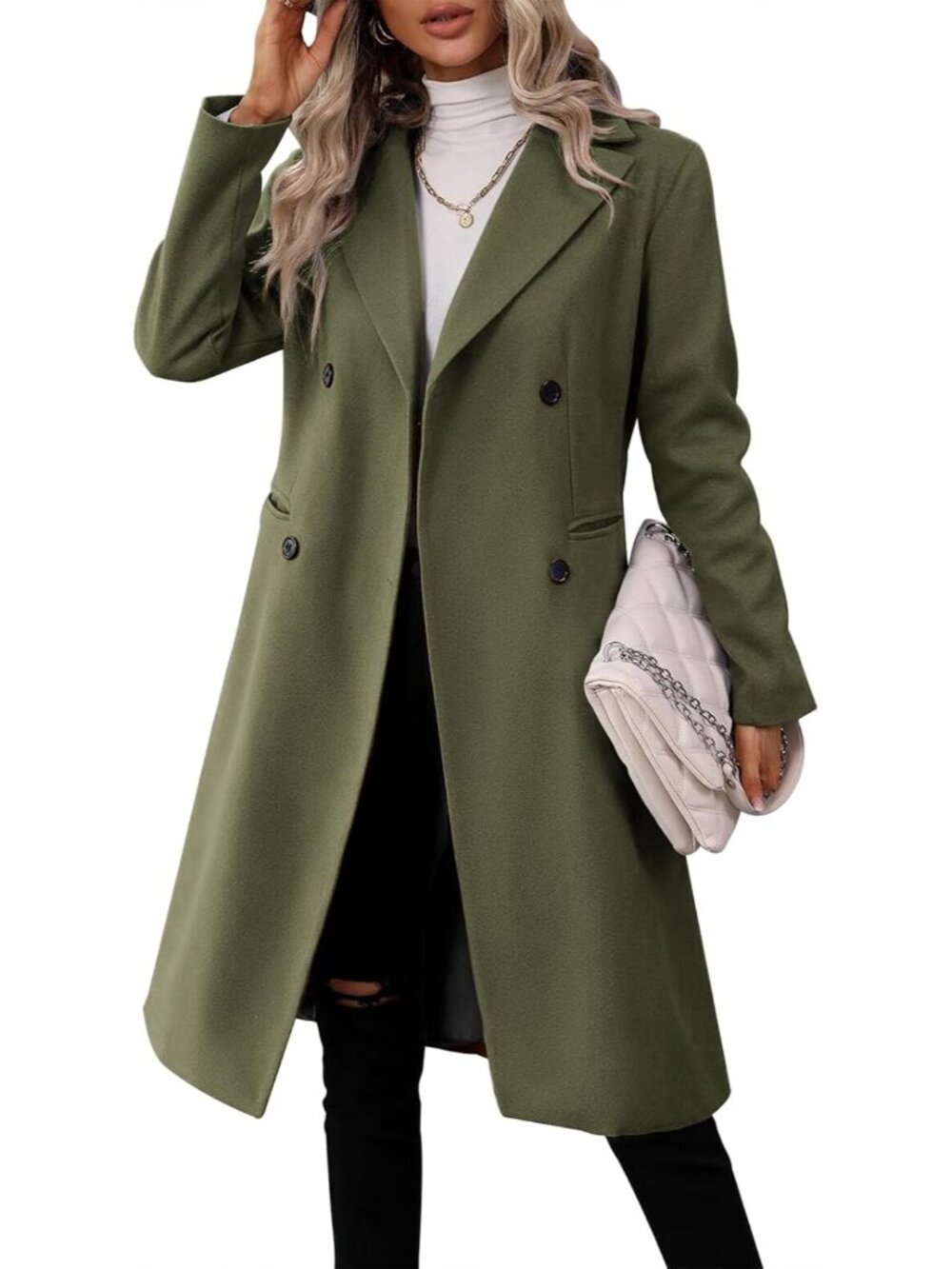 Women Army Green Lapel Collar Long Sleeve Slim Fit Double Breasted Trench Coat